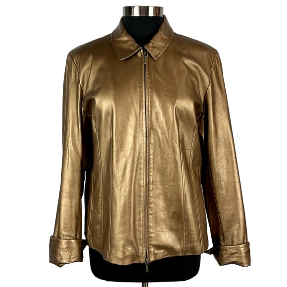 COLDWATER CREEK Y2K BRONZE METALLIC LEATHER ZIP UP COLLARED JACKET - Picture 3 of 15